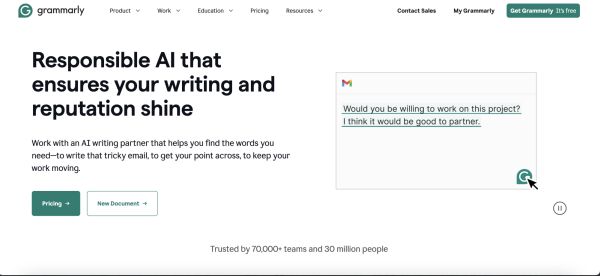 Screenshot of the Grammarly.com homepage, which students utilize to check their essays and various classwork grammar: this use of AI is complimenting their work.