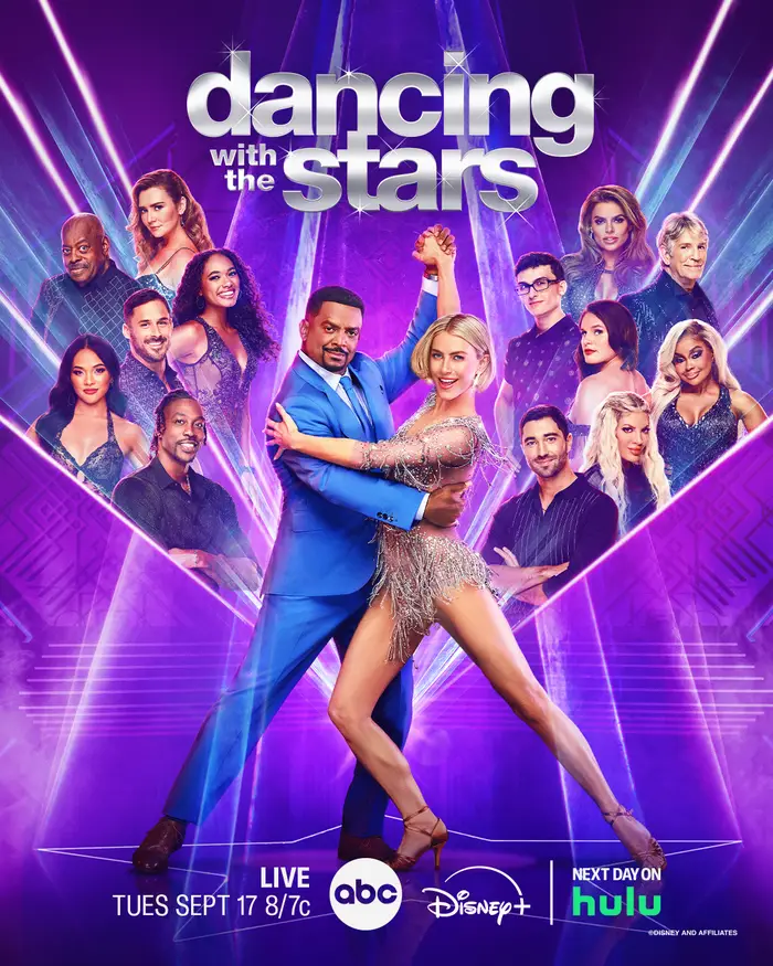 "Dancing with the Stars" banner features the new celebrity cast for season 33. Celebrities include athletes, actors, and reality TV show stars.