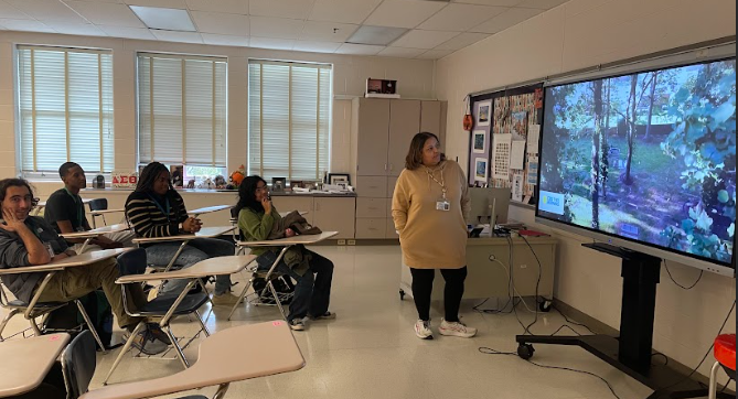 On October 16, AP AF-AM teacher, Sandy Young, plays a warm up video showing hidden stories about African American history. 