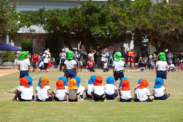 Elementary school students cluster in their designated color-coordinated groups to compete against each other.