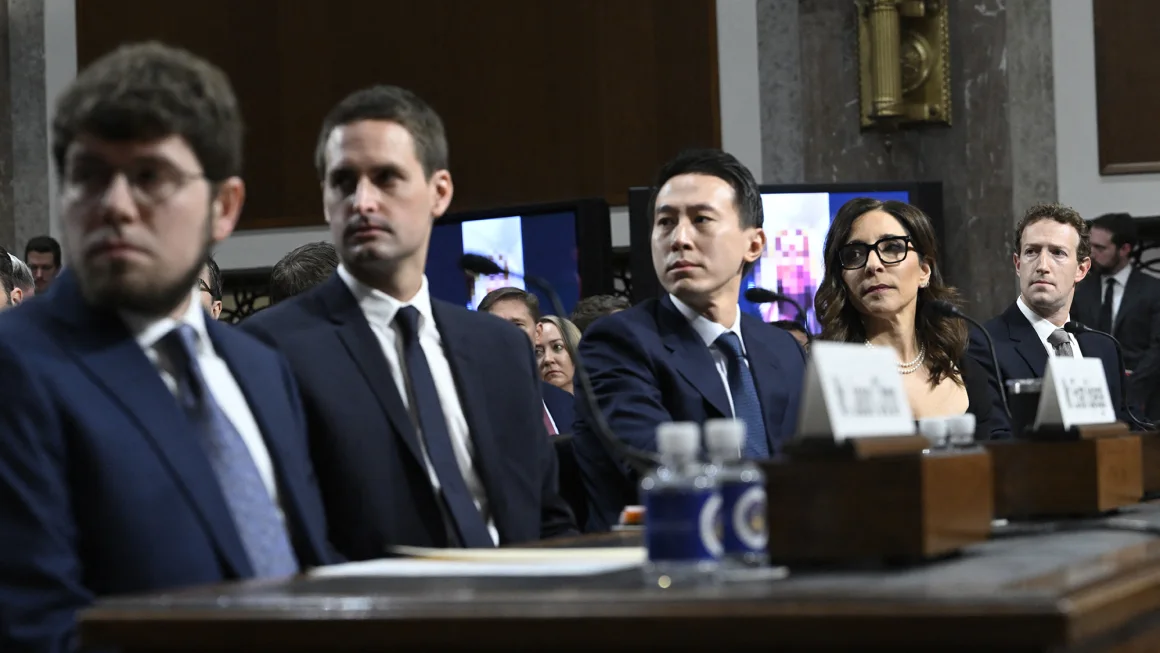 The CEOs of Discord, Snap, TikTok, X, and Meta at a congressional hearing in January of 2024.