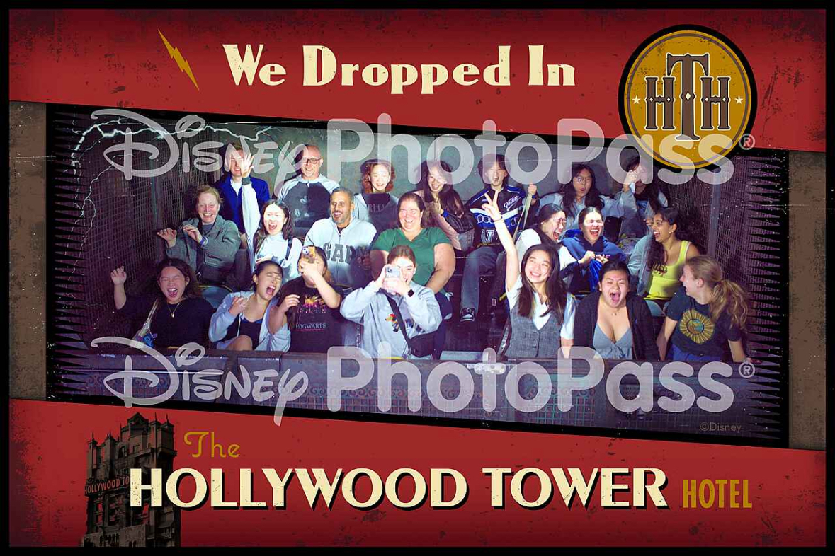 WCHS senior Iris Ou and her fellow orchestra friends smiling and screaming out of excitement during the big drop in "The Twilight Zone Tower of Terror" ride in Disney's Hollywood Studios theme park. 