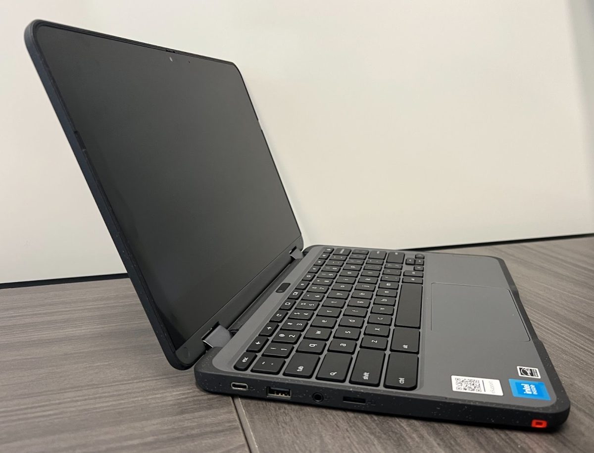 The new Chromebooks are rounded with a white dotted accent. The Chromebook has a few more physical changes with a "world facing" camera above the keypad.