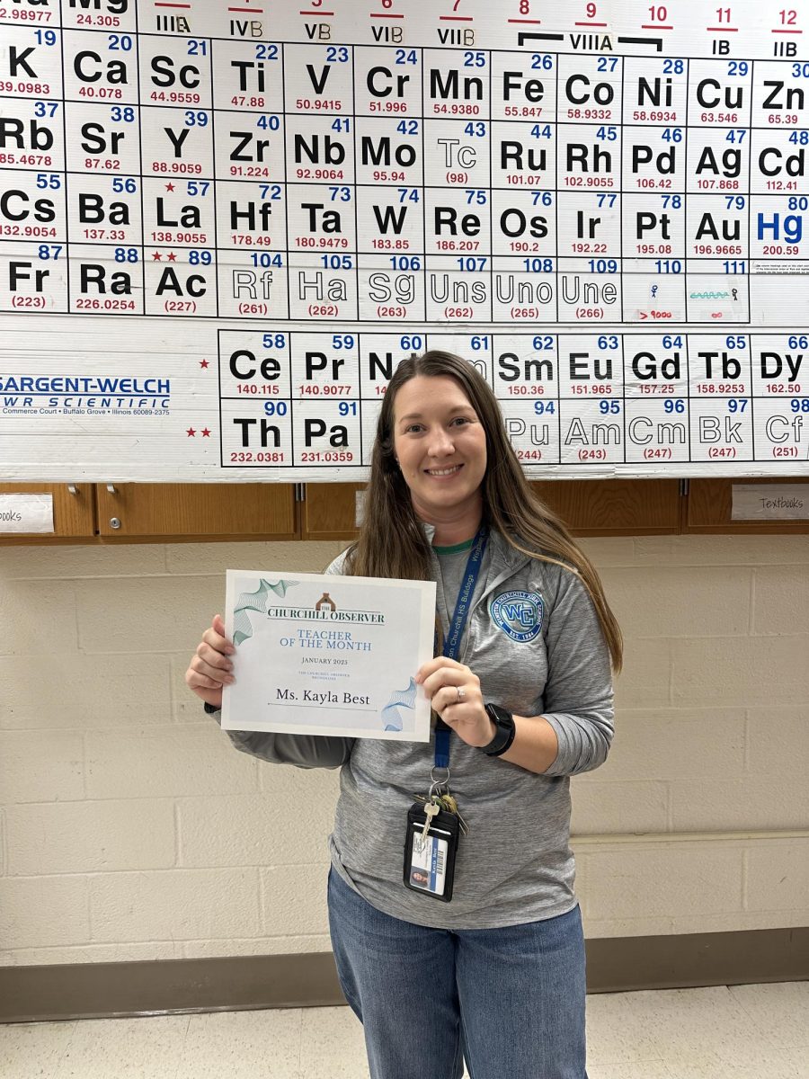 Honors Chemistry teacher Ms. Kayla Best was awarded Teacher of the Month for January because of all the effort and commitment she puts into her class.